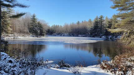 Icy lake surrounded by snow-dusted evergreens under a clear winter sky, Background, Winter mood
