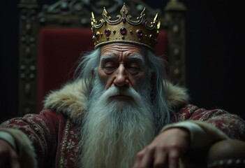 Obraz premium A cinematic photo of an old king sleeping on a throne
