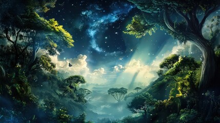 Obraz premium A lush, magical forest under a starry sky, illuminated by soft moonlight and vibrant green foliage, creating an enchanting, dreamlike atmosphere.