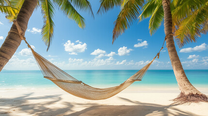 Relaxation beckons as a gentle breeze sways a hammock nestled between palm trees on a serene beach