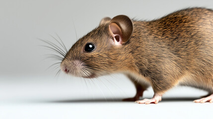Close-up side view of a brown mouse with detailed whiskers and fur on a neutral background.