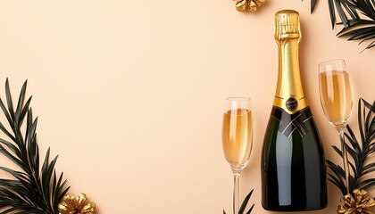 Luxurious Happy New Year banner with golden champagne bottle and glasses, highend celebration