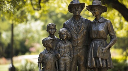 Fototapeta premium Broken Arrow - Bronze Statue of an Early 20th-century Agriculture Family in Centennial Park, Tulsa, Oklahoma, US