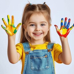 Happy girl playing with paint and making colorful hands on white background, smiling child doing art activity in studio style