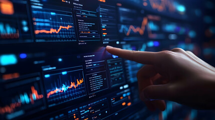 Naklejka premium Hand Interacting with Financial Data on a Screen, data analytics, data visualization, data analysis, stock market, stock trading