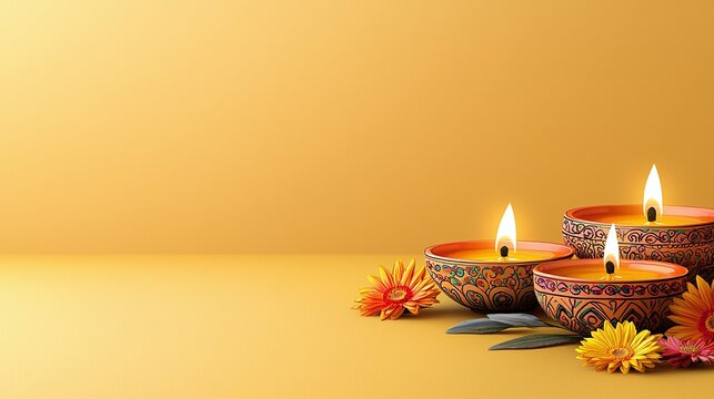 A serene image featuring decorative oil lamps surrounded by flowers, set against a warm yellow background.
