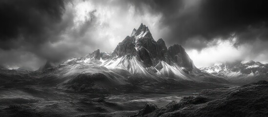 Dramatic black and white mountain peak landscape with clouds in the sky.
