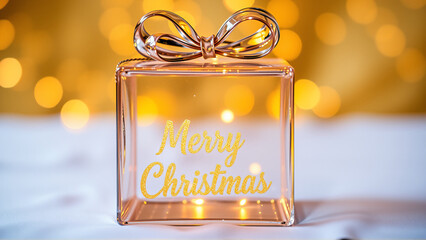 Decorative glass gift box with a bow against a festive bokeh background celebrating Christmas in a cozy indoor setting