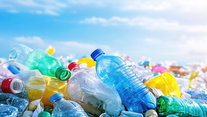 Lots of plastic bottles on the bank of a river or sea with blue skies. Concept of protecting the environment from man-made garbage