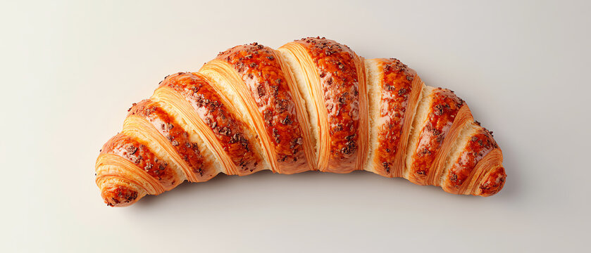 A delicious croissant with a golden crust, showcasing its flaky layers and a tempting aroma, perfect for breakfast or an afternoon snack.