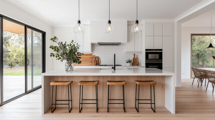 modern kitchen with trendy color accents, showcasing contemporary design, high clarity with space for advertising