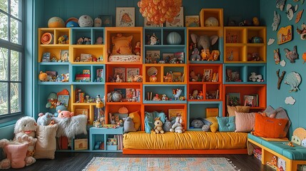 Naklejka premium Vibrant nursery with colorful shelves designed to store toys and dolls