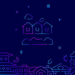 Fototapeta premium Townhouses, village gradient line vector icon, simple illustration on a dark blue background, building related bottom border.