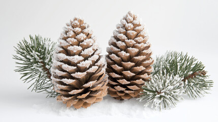 Fototapeta premium Pine cones and snow-covered pine branches against a frosty white background, Background, Winter mood