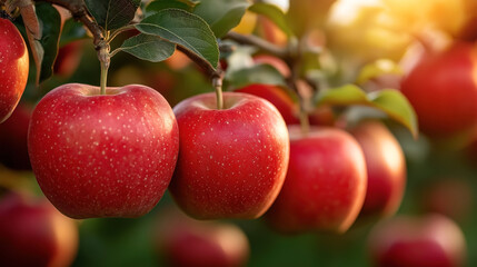 Obraz premium Close-up of ripe red apples hanging on a tree branch with green leaves in a sunny orchard, showcasing fresh fruit agriculture