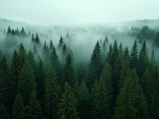 Misty forest with tall pine trees, atmospheric landscape
