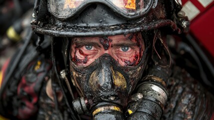 Exhausted firefighter with intense gaze, wearing protective gear and mask, smoke residue.