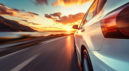 Obraz premium A white car is driving on the road at sunset near the sea and mountains.