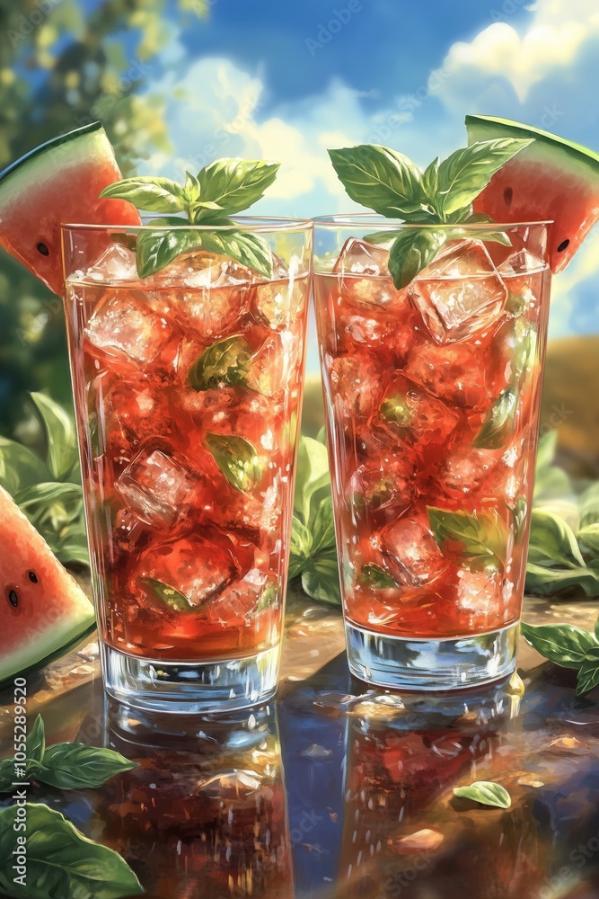 Wall mural refreshing watermelon cocktails with mint garnishes served on a sunny day outdoors