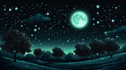 Naklejka premium night sky with stars and trees, night sky with stars, night forest scene, night view, glowing painting, moonlit night