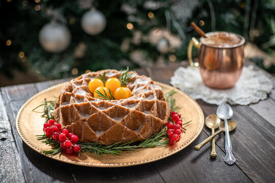 Christmas cake with beverage and decoration