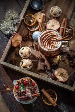 Christmas cake with beverage and decoration
