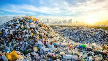 Lots of plastic bottles on the bank of a river or sea with blue skies. Concept of protecting the environment from man-made garbage