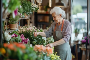 An elderly woman arranges colorful flowers in a local florist shop during daylight hours, showcasing her passion for floral design