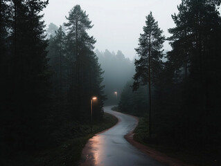 Obraz premium Misty forest landscape with rolling hills and dense pine trees at dawn 
