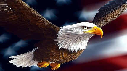 Majestic bald eagle with outstretched wings soaring against a backdrop of the American flag, capturing the essence of freedom and patriotism in stunning detail.