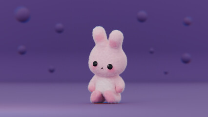 Fototapeta premium Cute little chibi bunny. Little pink rabbit. Copyspace background. 3d render, 3d illustration.