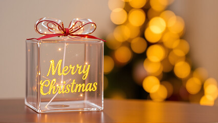 Decorative glass gift box with a bow against a festive bokeh background celebrating Christmas in a cozy indoor setting