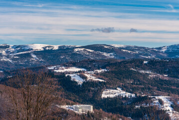 Winter Beskid Slaski mountains in Poland - view bellow Wielka Czantoria hill summit