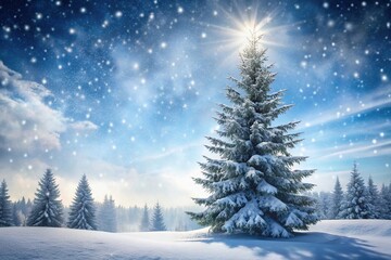 Fototapeta premium Pine tree in a winter wonderland scene with snowflakes gently falling around it, icy landscape, coniferous, snowflakes, snowfall, winter