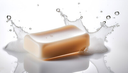 bar of soap with lather and bubbles floating or flying isolated white background