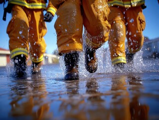 Firefighters in action, splashing through water while on duty.