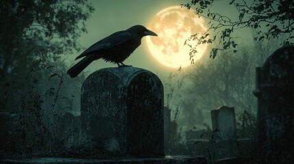 A raven perched on a gravestone under a full moon in an eerie graveyard at night