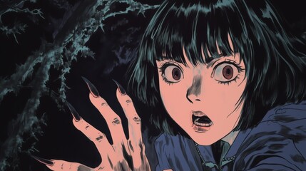 A surprised young woman with sharp nails reaches out while surrounded by a dark, eerie atmosphere in a haunting illustration