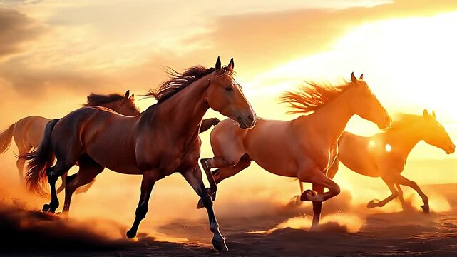 Video clip of a pack of wild horses galloping through a dust cloud in the desert at sunset, conveying wild beauty and untamed spirit.