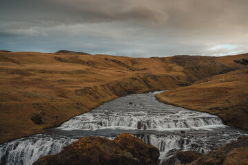 Icelandic river before falling into Skogafoss, morning in Iceland