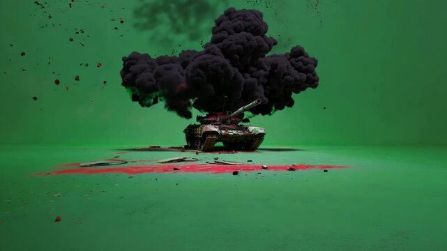 Close up 3D visualisation of Military tank explosion on green screen chroma-key background