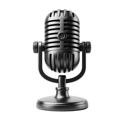 Black retro microphone on stand isolated on white background. Podcast and audio recording cut out concept. Realistic 3D render.
