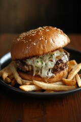 A delicious cheeseburger served with crispy fries on a rustic wooden table in a cozy restaurant setting during lunchtime