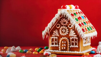 Festive Gingerbread House with Dripping Icing, Colorful Candy Decorations, and Snowy Sugar Base on Vibrant Red Background. Perfect for Christmas Decor, Holiday Baking Ideas, Family Craft Inspiration