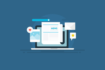 Fototapeta premium Online news media, journal publish on social media platform, digital magazine internet communication technology conceptual vector illustration.