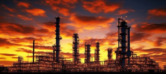 Fototapeta premium Industrial Plant Silhouette, Oil and Gas Refinery Factory at Dramatic Sunset, Petrochemical Industry