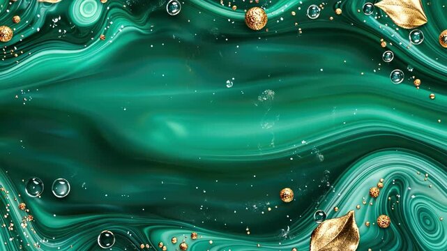Elegant emerald swirl with gold leaf and bubble accents