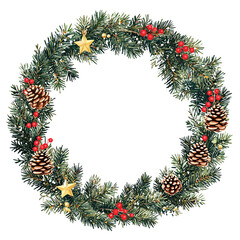 Festive Christmas wreath. Round frame made of conifer branches decorated with cones, artificial red berries and decorative gold snowflakes. Wreath isolated on white background