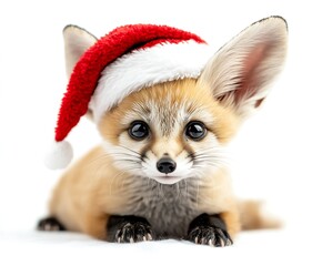 Obraz premium Adorable fennec fox cub wearing a Santa hat, capturing festive cuteness.