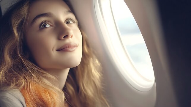 A young passenger, looking out the window of an airplane with a curious expression on their face, appears to be captivated by the aerial view below.